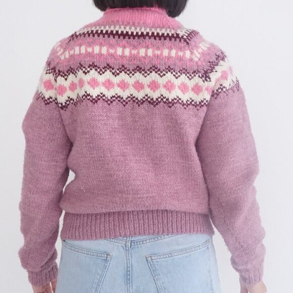 Hand Knit Pink Purple Winter Fisherman Fair Isle Turtleneck Wool Sweater S - Picture 3 of 11